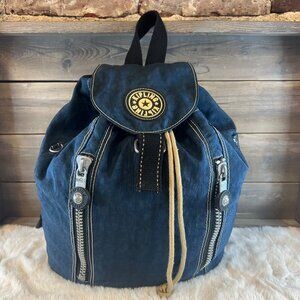 Vintage Y2K Kipling Navy Blue Nylon Drawstring Backpack Zipper Front Pockets